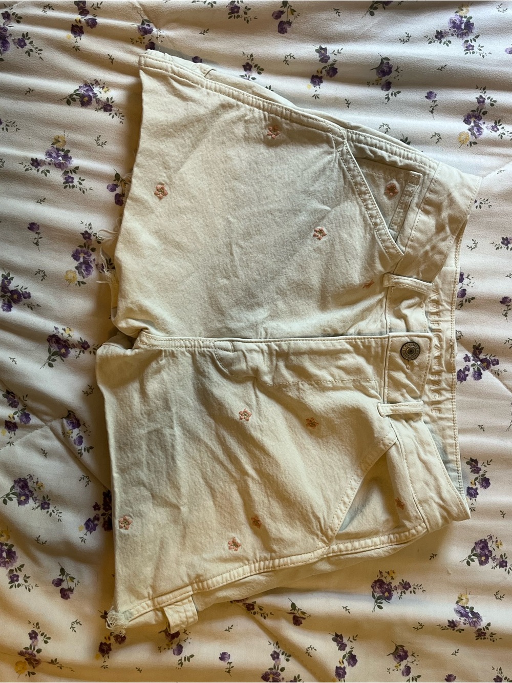 AE Women’s Cream Flower Embroidered Denim Shorts